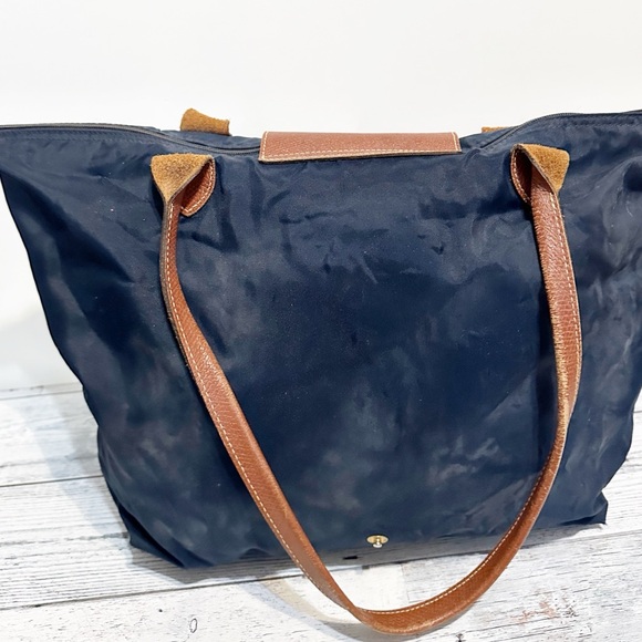 LONGCHAMP Le Pliage Navy Blue Canvas Br Copy gather Trim Travel Tote Bag - Picture 2 of 7